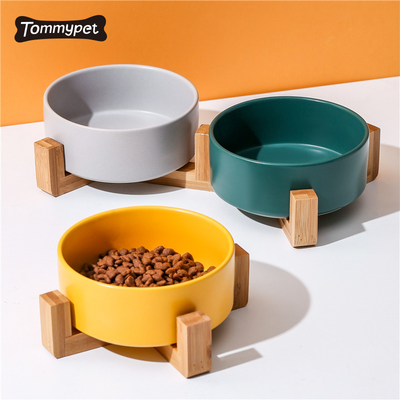 도매 청소하기 쉬운 내구성 여러 색상 옵션 식품 급수기 개 고양이 세라믹 애완 동물 그릇 나무 스탠드